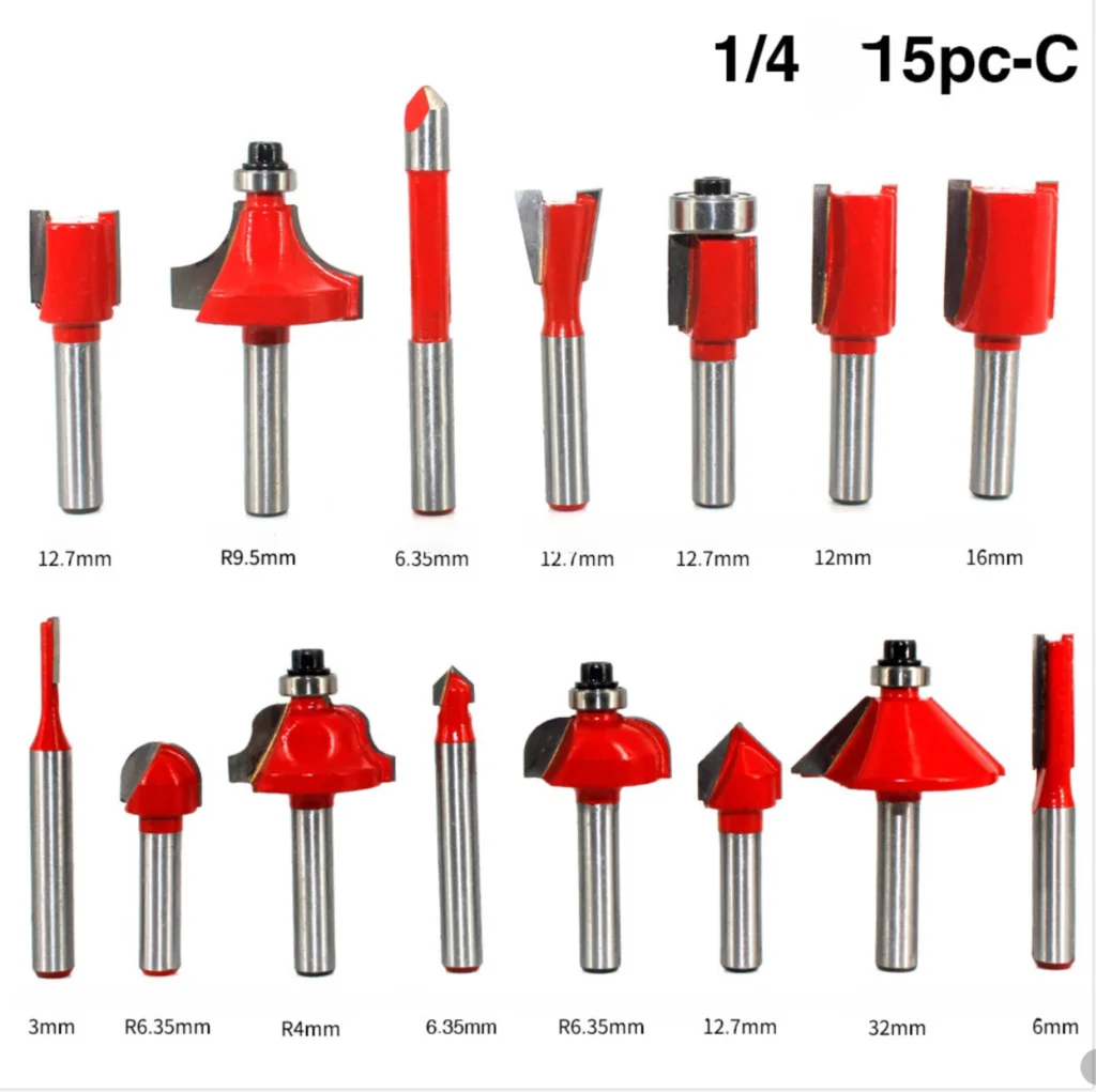 

12/15PCS 1/4 Shank DIY Woodworking Router Bits Set Milling Cutter For Wood Flush Straight Chamfer Trimming Engraving Tool