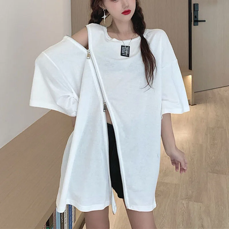 

Femininas Basic O-Neck T Shirts Top Summer 2022 New Loose Slit Mid-Length White Black Short-Sleeved T-Shirt for Girls Clothing