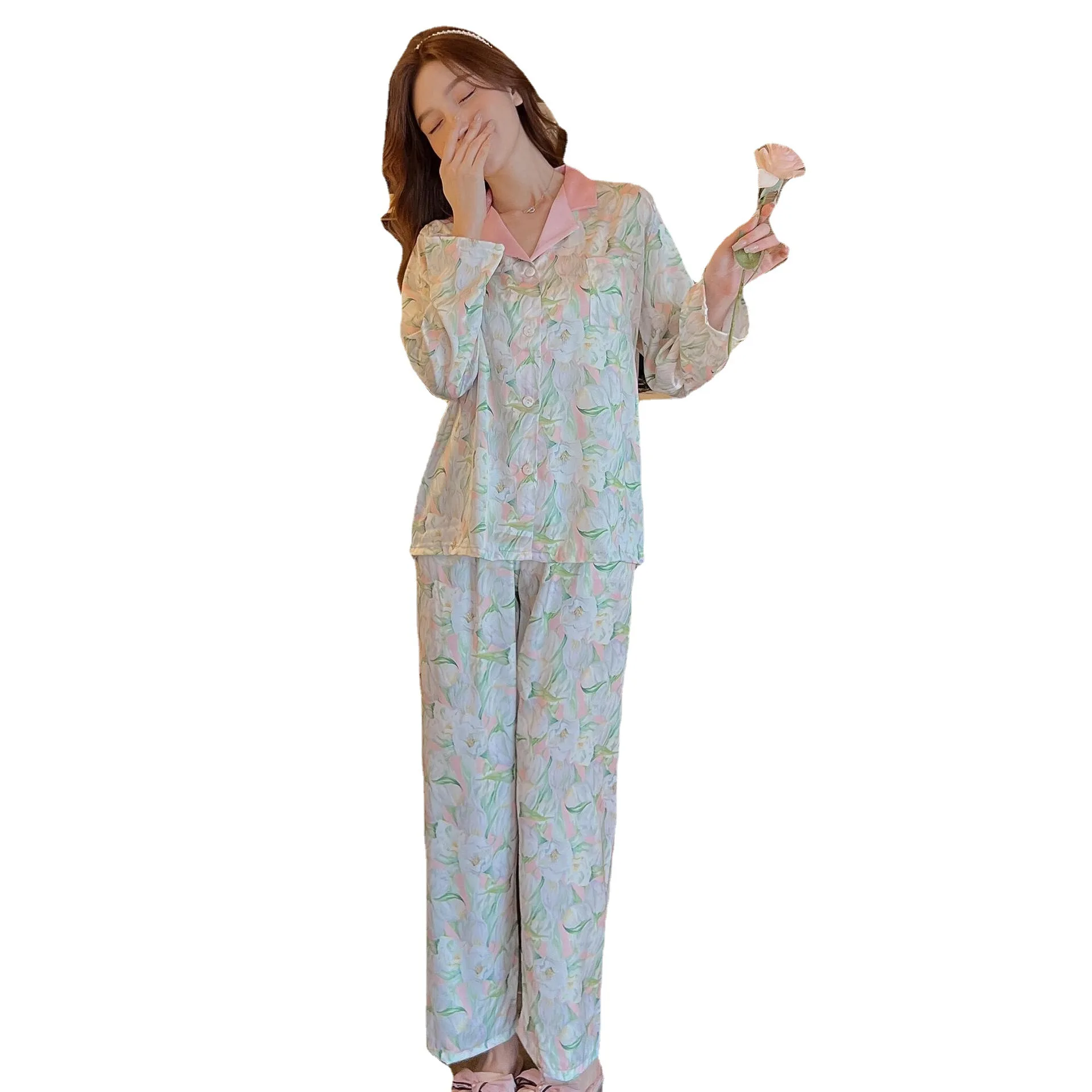 Tulip oil painting, flowers, moonlight, silk, romantic and lovely breathable ice silk, wearable pajama set