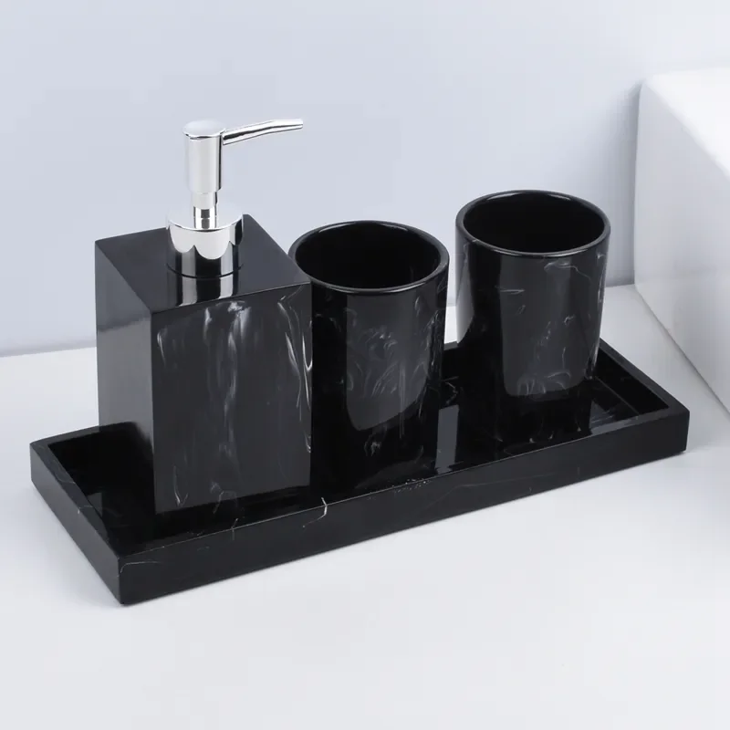 

Marble Texture Bathroom Supplies Black 4Pcs Resin Bathroom Accessories with Dispenser Toothbrush Holder Soap Dispenser