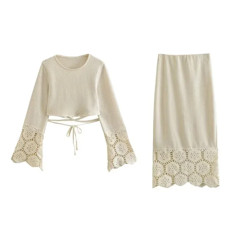 

Clothland Women Sweet Lace Hollow Out Knitting Suit Long Sleeve Lace Up Blouse Shirt Split Midi Skirt Two Piece Set TZ758