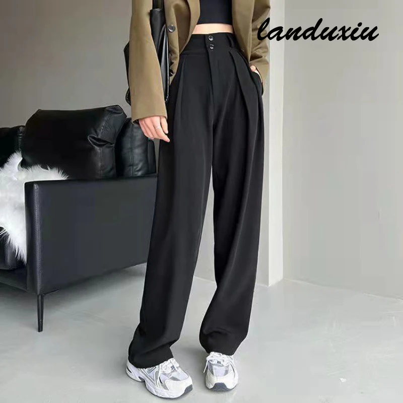 

Woman Pants High Waisted 2 Buttons Pleated Trousers Full Length Office Ladies Work Multicolor Gray Vintage Bottoms landuxiu