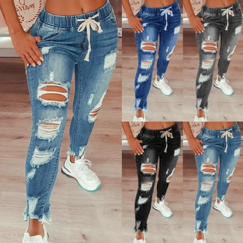 

Женские рваные джинсы-карандаш на шнурке, Стрейчевые брюки с дырками, полной длины, большие размеры