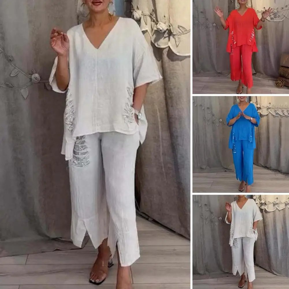 Женский костюм из двух предметов элегантный с блестками и V-образным вырезом топ