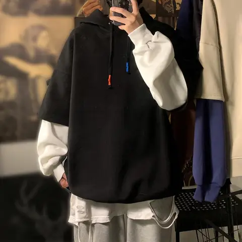 Fake Two Pieces Men Sweatshirt Korean Fashion Fleece Lining Hooded Sweatshirt Harajuku Oversize Loose Women Hoodies sudaderas