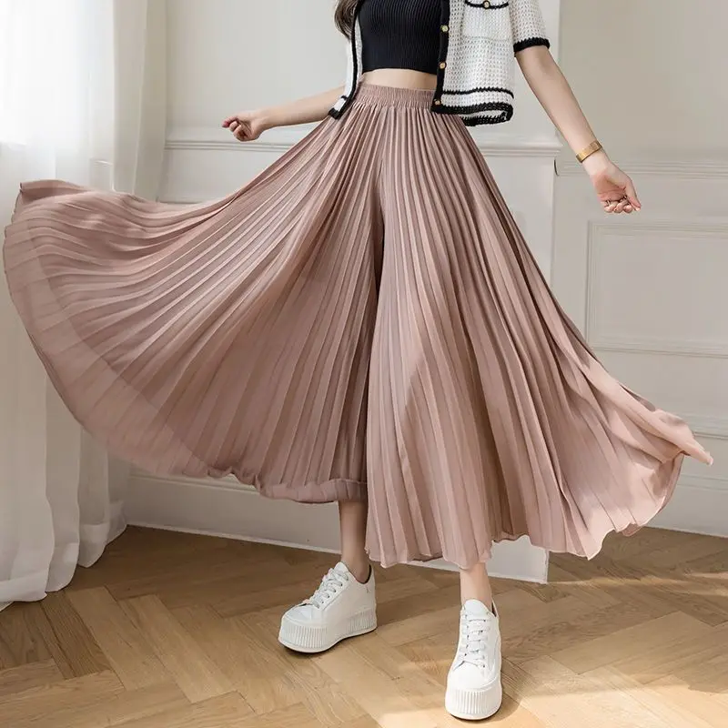 

2023 Spring and summer lean leg long pleated wide leg pants high waist drop mop pant skirt thin large size nine point pant skirt