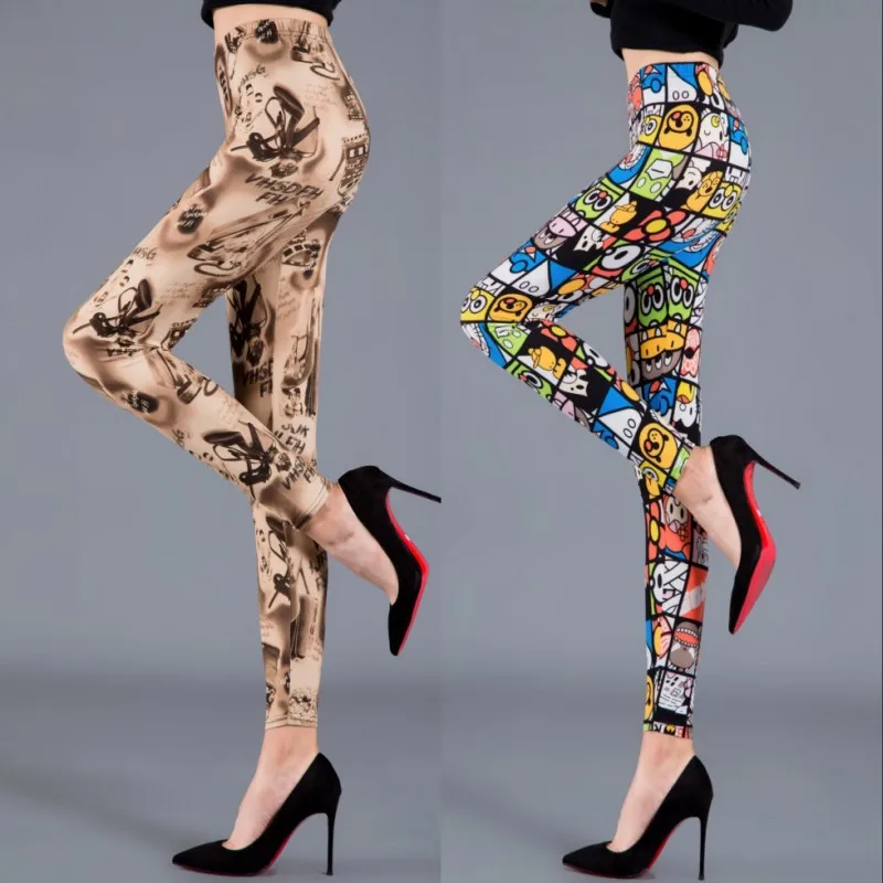 Cartoon Printed Trendy Thin Leggings Spring And Autumn Thin Leggings Women's Elastic Large Size High Waist Leggings