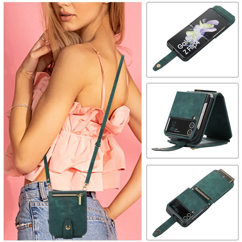 

Crossbody Zipper Wallet Phone Case for Samsung Galaxy Z Flip 4 3 Flip4 Flip3 5G Card Holder Stand Lanyard Folding Leather Cover