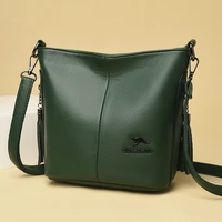womens genuine leather bucket type shoulder bag composite cowhide simple crossbody bag tassel zipper bag large capacity handbag