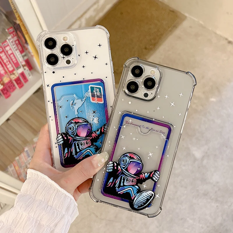 

Funny Astronaut ID Card Slot Phone Case For iPhone 12 13 11 Pro Max X XR XS Max 7 8 Plus SE2020 Clear Lens Protection Soft Cover