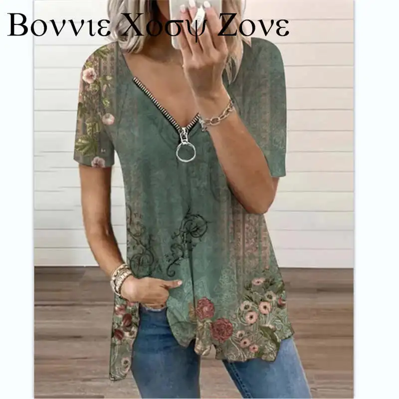 

Women Summer Short Sleeve Floral Tribal Print Zipper Design Top