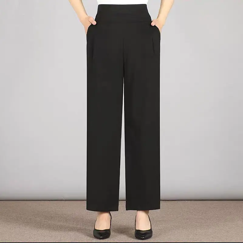 

2022 Summer Casual Women's Cropped Pants Female Vintage Solid Wide-Leg Pants middle aged Women Loose High Waist Baggy Trousers
