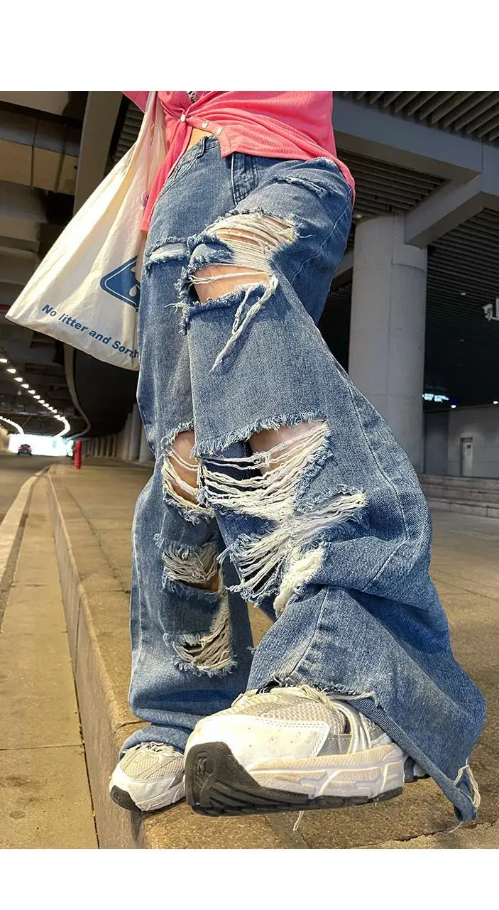 

Fried street ripped denim straight-leg pants female fat sister 2021 summer high-waisted loose-fitting wide-leg pants large size