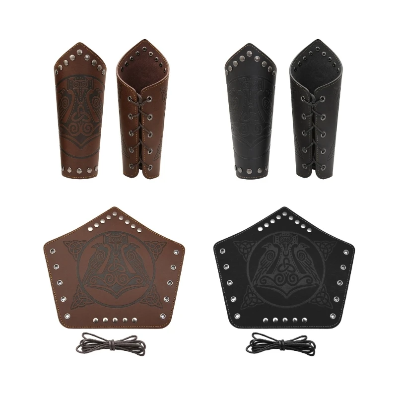 

652F Cosplay Props Vintage PU Wide Bracers Tie Arm Cuffs Adjustable Width Medieval Wristband Brown Black Wristband