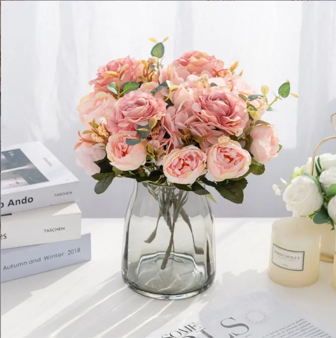 

6 Head Embroidered Ball Peony Flowers Retro European Style Imitation Flowers Silk Flowers Home Decoration Artificial Flowers