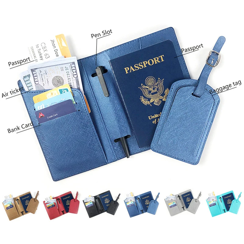 

PU Leather Ticket Passport Holder Custom Name Passport Cover Luggage Tag Set Fashion Saffiano Personalize Letters Travel Purse
