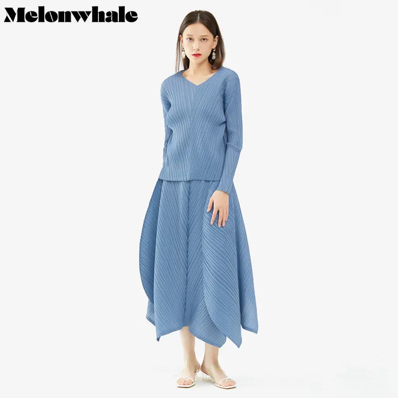 

MelonWhale Blue Pleated Long Casual Half-body Skirt High Elastic Waist T-Shirt Tops Women Fashion Tide New Spring Summer 2023