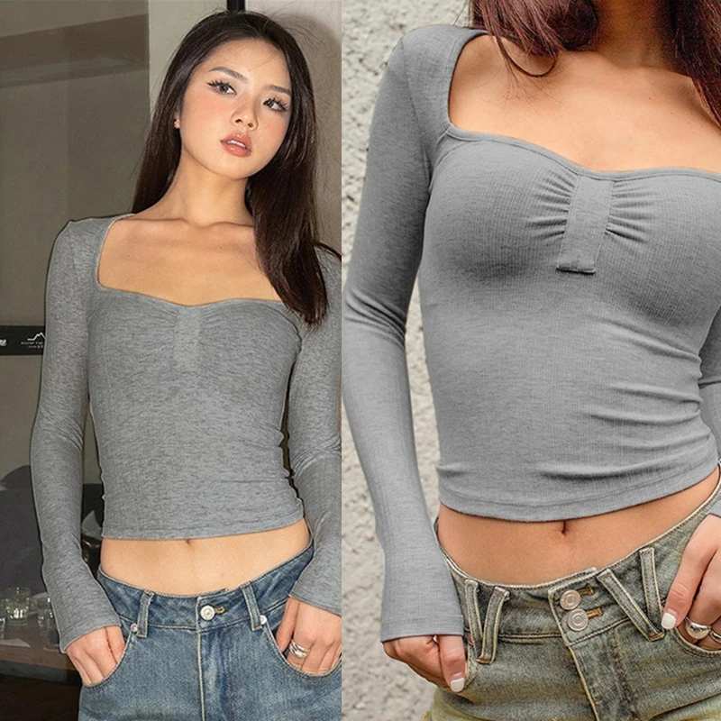 

Womens Basic Long Sleeve Skinny Tops Bodycon Solid Color T-Shirt Square Neck