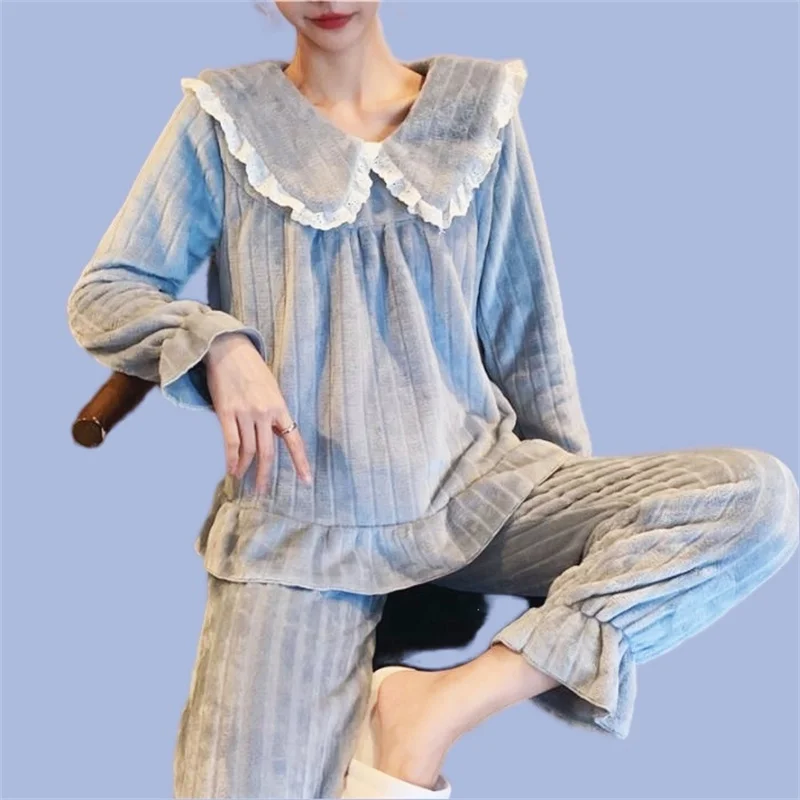Sexy Bow Homewear Women's Winter Pajamas Set Women Sweet Princess Full-Sleeve Warm Pink Pyjamas Top Clothes Big Size
