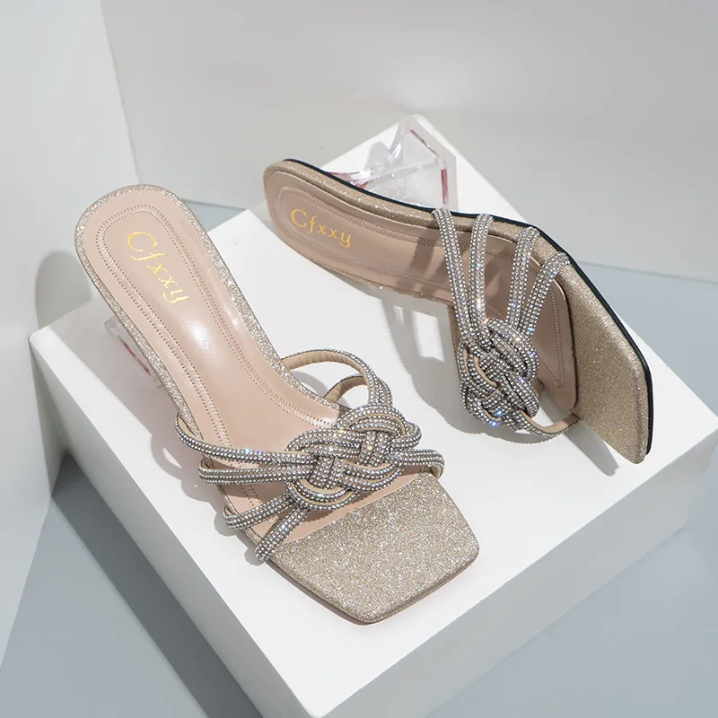 

Weave Crystal Designer Brand Women Pumps Outdoor Non-slip Beach High Heels Woman Sandals Summer New Female Shoes 2022 Slippers