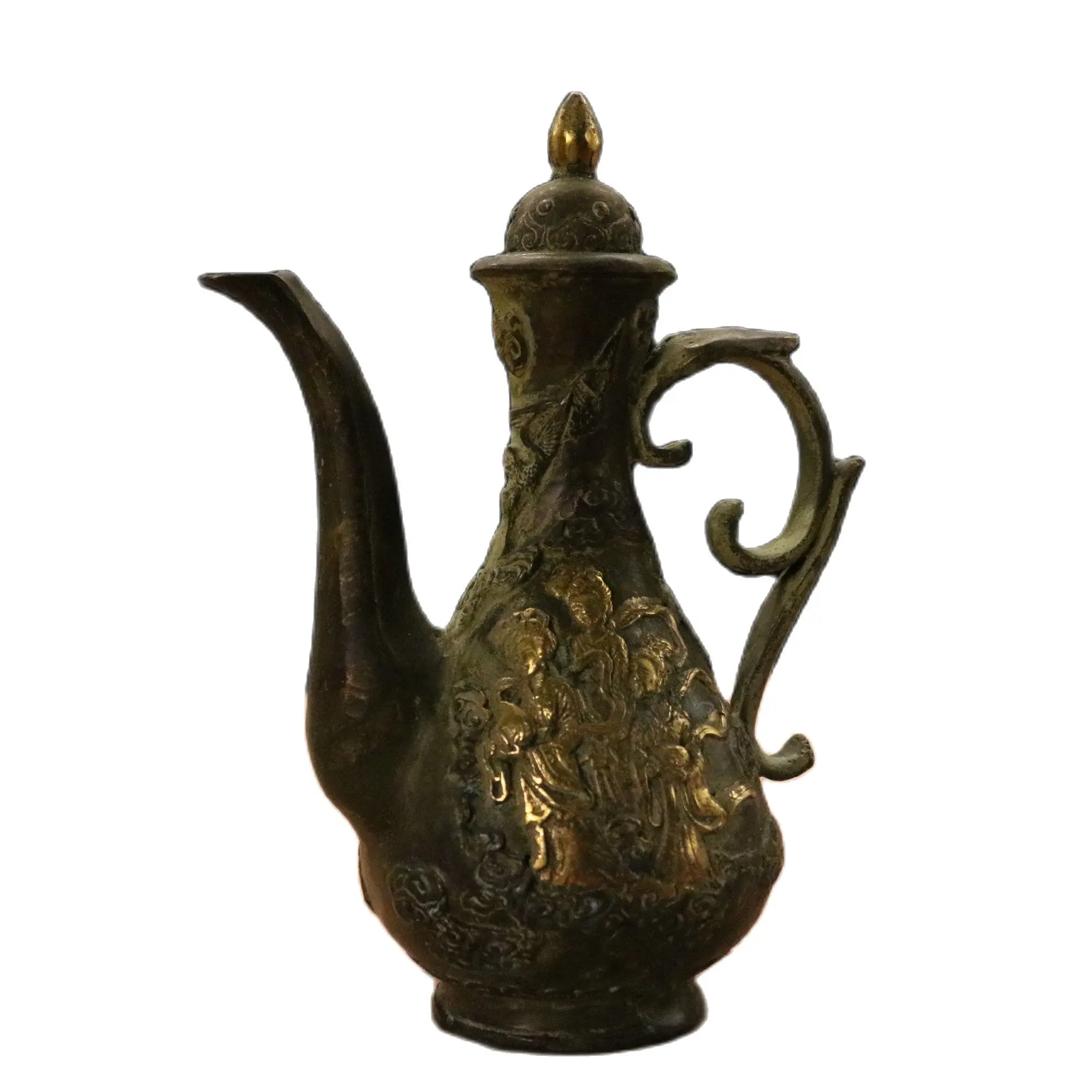 

Китайский старинный Бронзовый горшок, металлический волшебный чайник, длина 16 см, высота 22 см