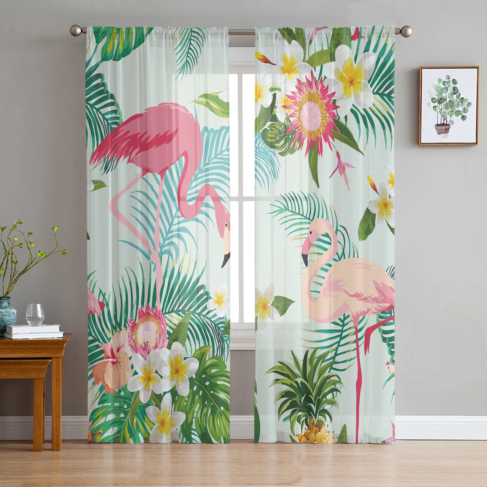 

Flamingo Tropical Plant Flower Tulle in Sheer Curtains for Living Room Bedroom Kitchen Window Treatment Chiffon Curtain Blinds