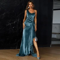sexy luxury blue velvet evening dress scoop neckline pleat mermaid floor length high slit with sweep train robes de soir%c3%a9e