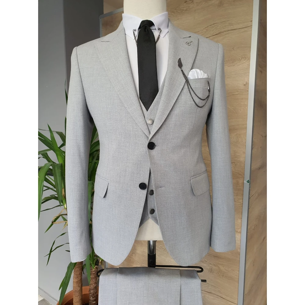 

New Light Grey Mens Suits Vintage 3 Pieces Groom Tuxedo Jacket Vest Pants for Wedding Formal Business Tailored Prom Party Wear