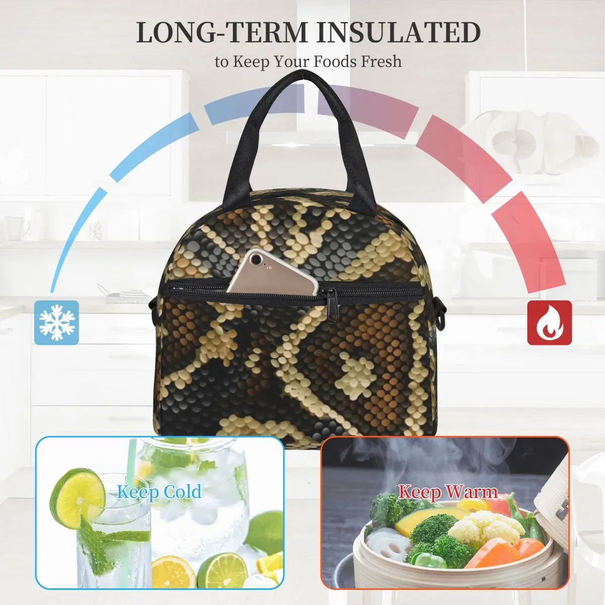 

Snake Snakeskin Lunch Bag with Handle Python Skin Print Meal Cooler Bag Elegant Zipper Car Thermal Bag