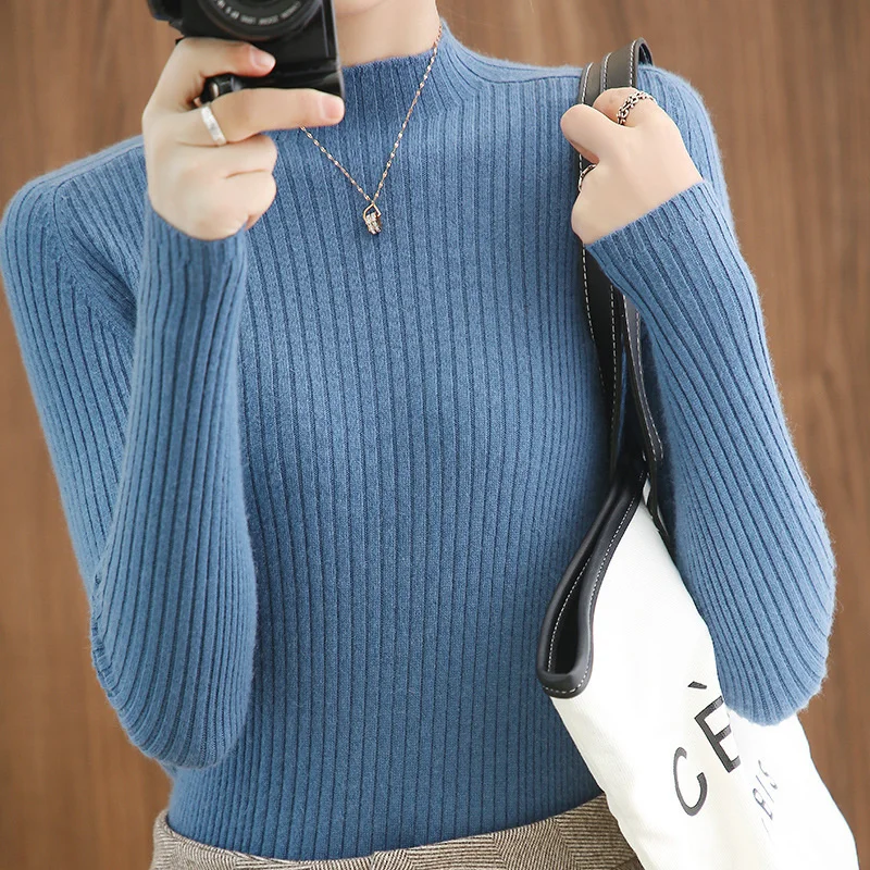 

2023 Spring and Autumn Cashmere Sweater Women's Merino Wool Knitted Sweater Half High Neck Hollowed Out Pullover Long Sleeves