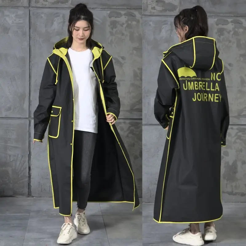 

Black Fashion Adult Waterproof Long Raincoat Women Men Rain Coat Hooded for Outdoor Hiking Travel Fishing Climbing Thickened