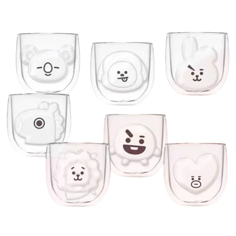 Фото BT21 Прозрачная стеклянная чашка, двухслойная термозащита TATA CHIMMY COOKY, бытовые чашки для кофе с молоком №1