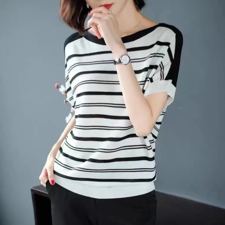 Striped T-shirt women's short-sleeved summer new bat shirt loose large size ice silk sweater mid-sleeve T-shirt top summer