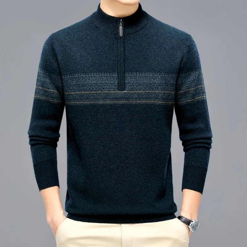 Autumn and Winter High Quality Woolen Sweater 100% Pure Wool Half Turtleneck Zipper Jacquard Thickened Men's Pullovers