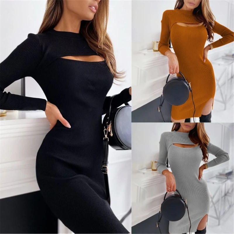 

Women Long Sleeve O-Neck Sexy Cutout Chest Rib Knit Side Slit Mini Sweater Dress