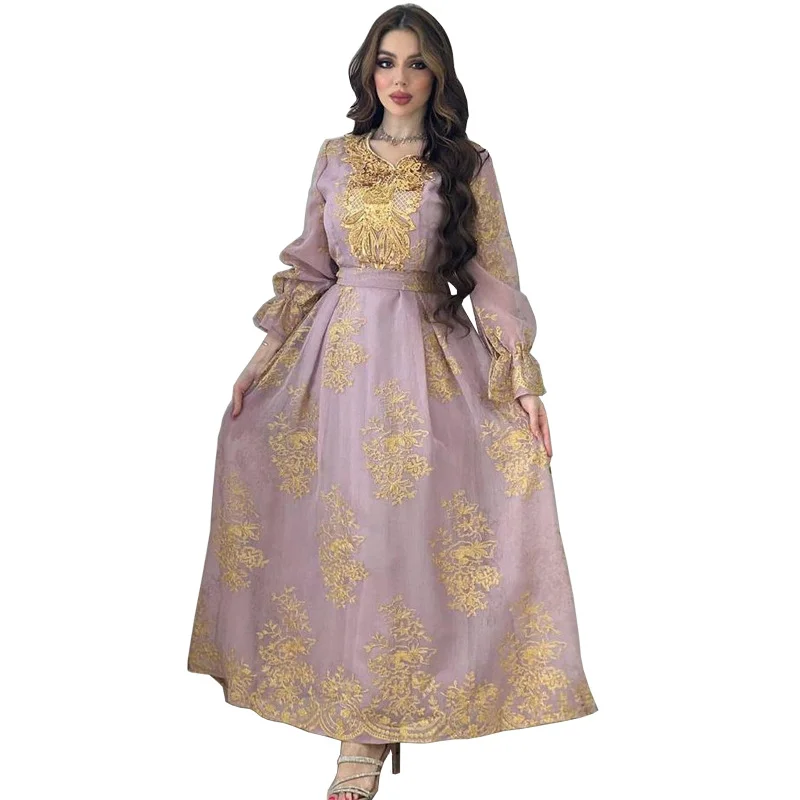 Muslim Fashion Dresses 2023 Spring Summer Muslim Women Long Sleeve V-neck Polyester Embroidery Long Dress Muslim Abaya