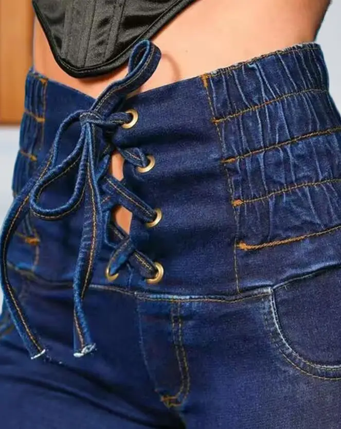 Shirred Lace-Up High Waist Denim Shorts for Summer Casual Ladies Plain Slight Stretch Women's Fashion New Skinny Short Jeans