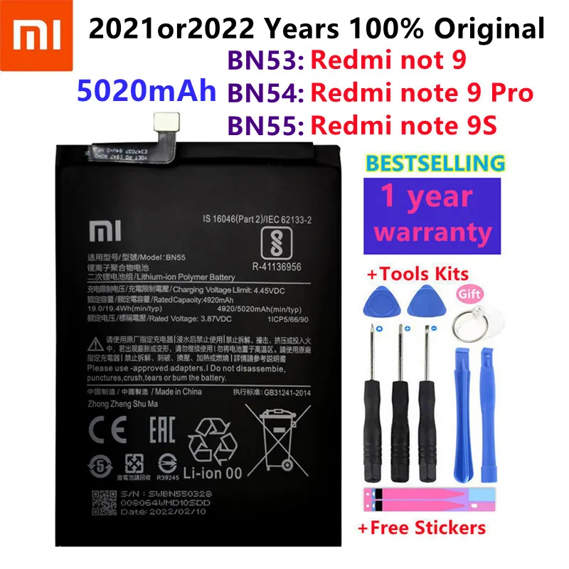 100 original 5020mah bn53 bn54 bn55 replacement battery for xiaomi redmi note 9 pro 9s bateria mobile phone batteries tools free global shipping