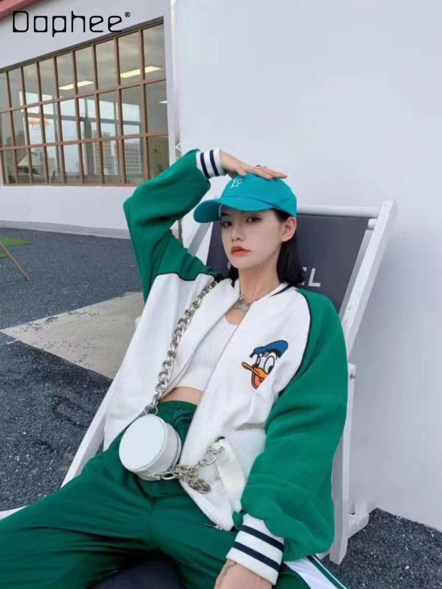 

Autumn Korean Hoodies Women Fashion Heavy Industry Cartoon Embroidered Sweatshirts Female Loose Oversized Baseball Uniform Coat