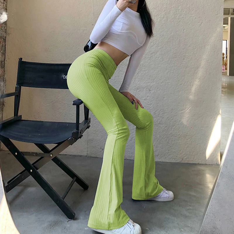 

2023 Green High Waist Bodycon Pants Women Summer Fashion Streetwear Skinny Flare Pants Femme Solid Casual Wide Leg Trousers