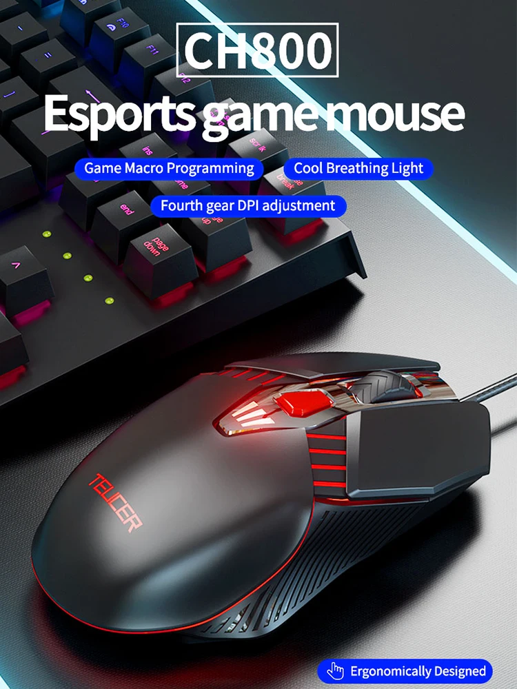 Проводная игровая мышь TEUCER CH-800, мышь с датчиком для компьютера, ноутбука, ПК, геймера, новая RGB подсветка, мышь 7200dpi для LOL CS