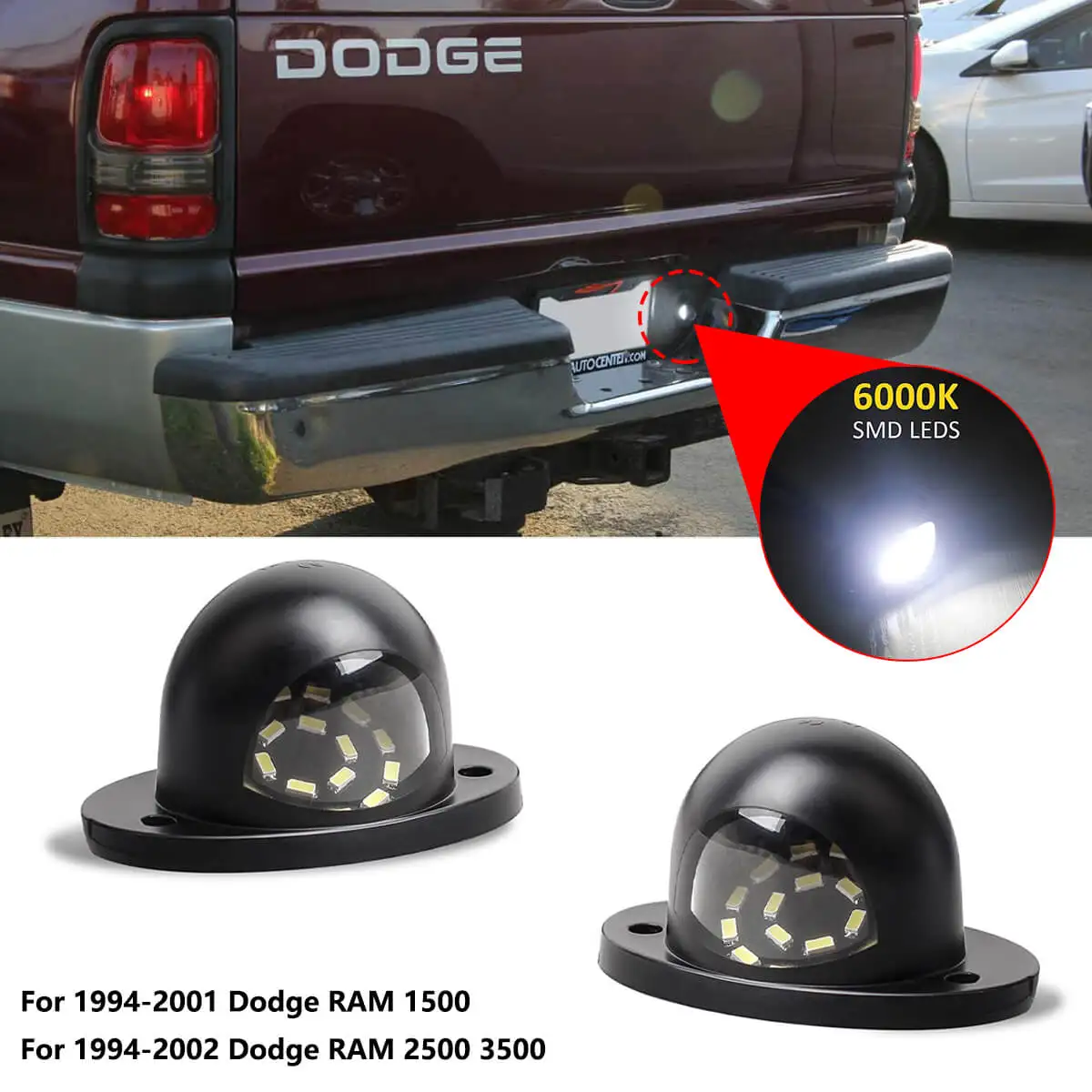 

LED License Plate Light Tag lights For 1994 to 2001 Dodge RAM 1500 & 1994 to 2002 RAM 2500 3500 Pickup 6000K White Pack of 2
