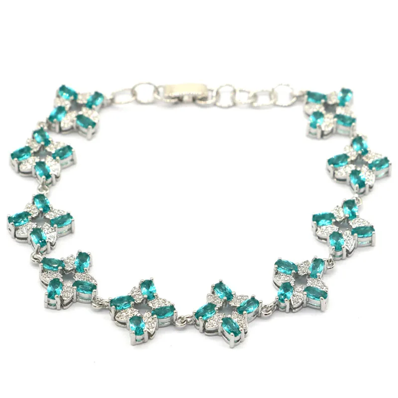 

19x15mm Beautiful Created Rich Blue Aquamarine Pink Kunzite White CZ Ladies Engagement Silver Bracelet 7.0-8.0inch