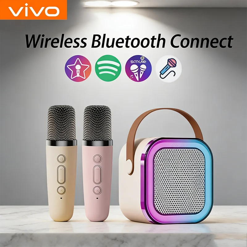 Фото Портативная беспроводная Bluetooth-колонка VIVO с 2 микрофонами, музыкальный плеер, караоке-машина для семейного пения, подарки для детей №1