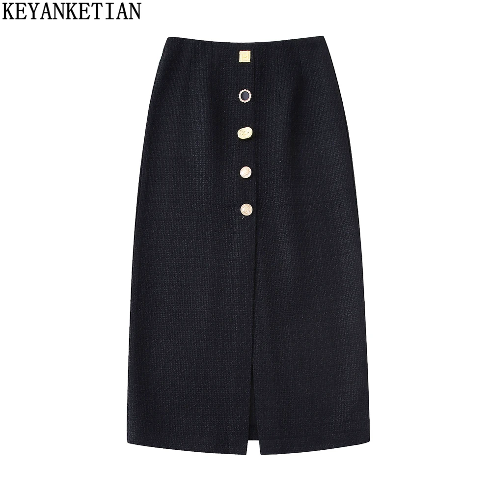 

KEYANKETIAN Women's Textured Little Fragrance Skirt AutumnWinter new zipper high waisted tweed hip wrap MIDI skirt black skirt