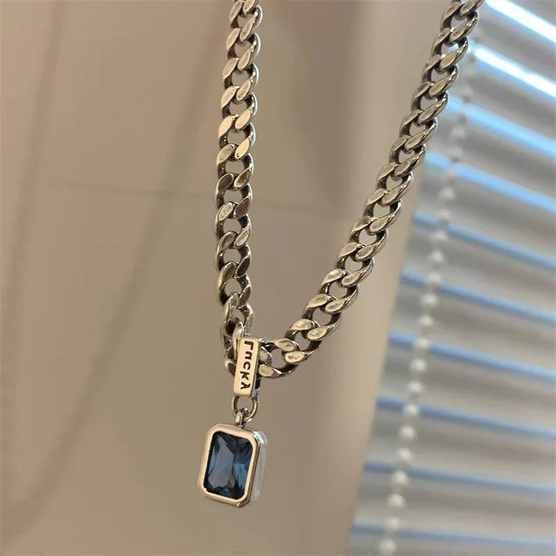 

WEIYUE Blue Zircon Necklace Women's Retro Fashion Accessories Alphabet Geometric Simple Sweater Chain Wedding Party Gift