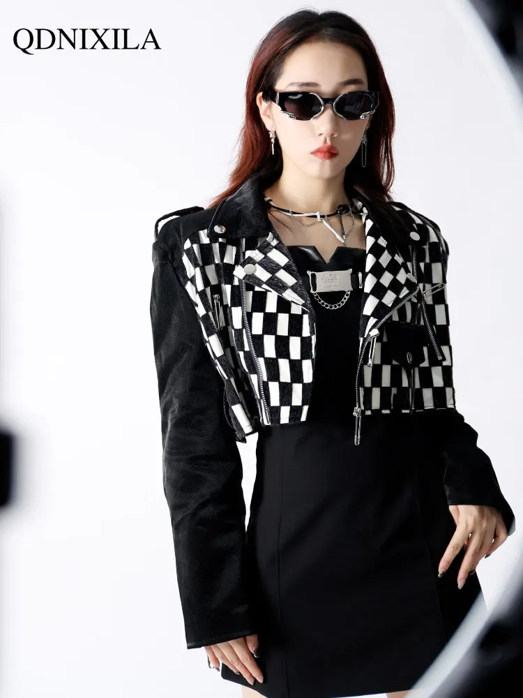 2023 Spring Jacket Women Y2k Black-and-white Plaid Contrast Stitching PU Leather Jacket Women New Outerwear Top Women UltraShort enlarge