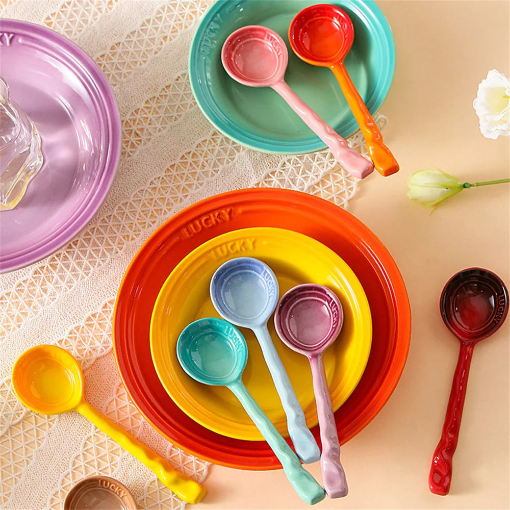 

High Color Value Ceramic Dessert Spoon Household Ice Cream Scoop Kitchen Accessories Long Handle Spoon Tableware Colorful