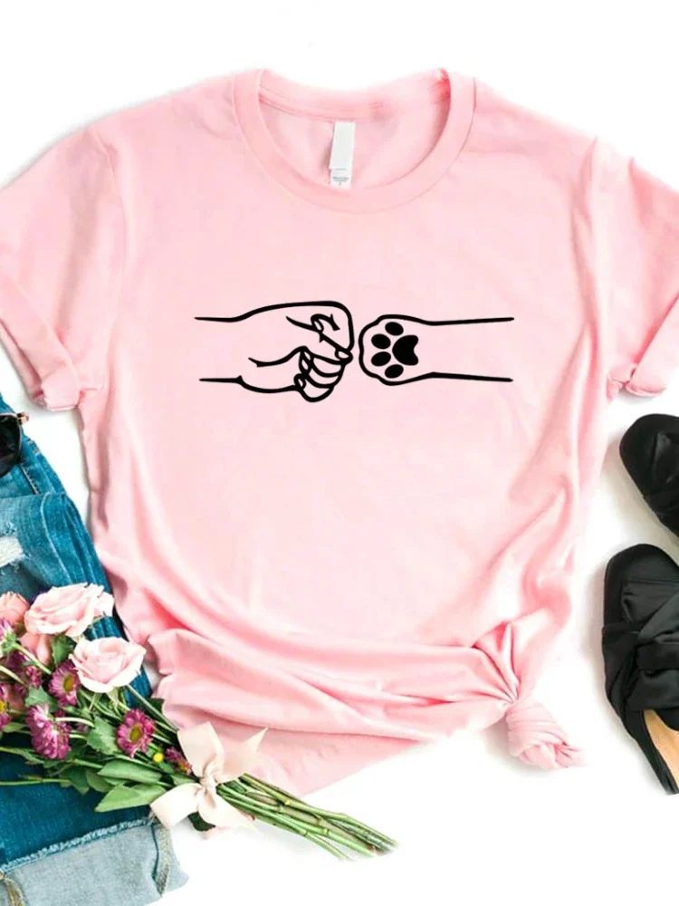 С рисунком собачки и котика ручной кулачки принт Женская футболка с коротким