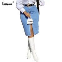 ladiguard women high cut split denim skirt clothing 2022 sexy fashion short jean knee length dress mini skirts ladies streetwear